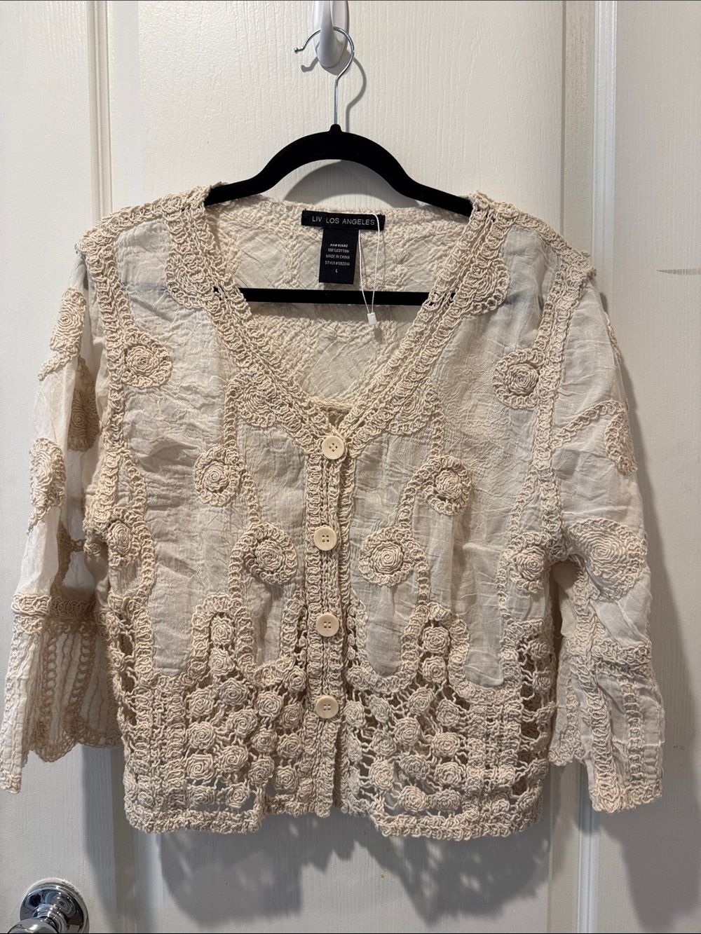 NWOT LIV Los Angeles Cream Crochet Button-Front Cardigan